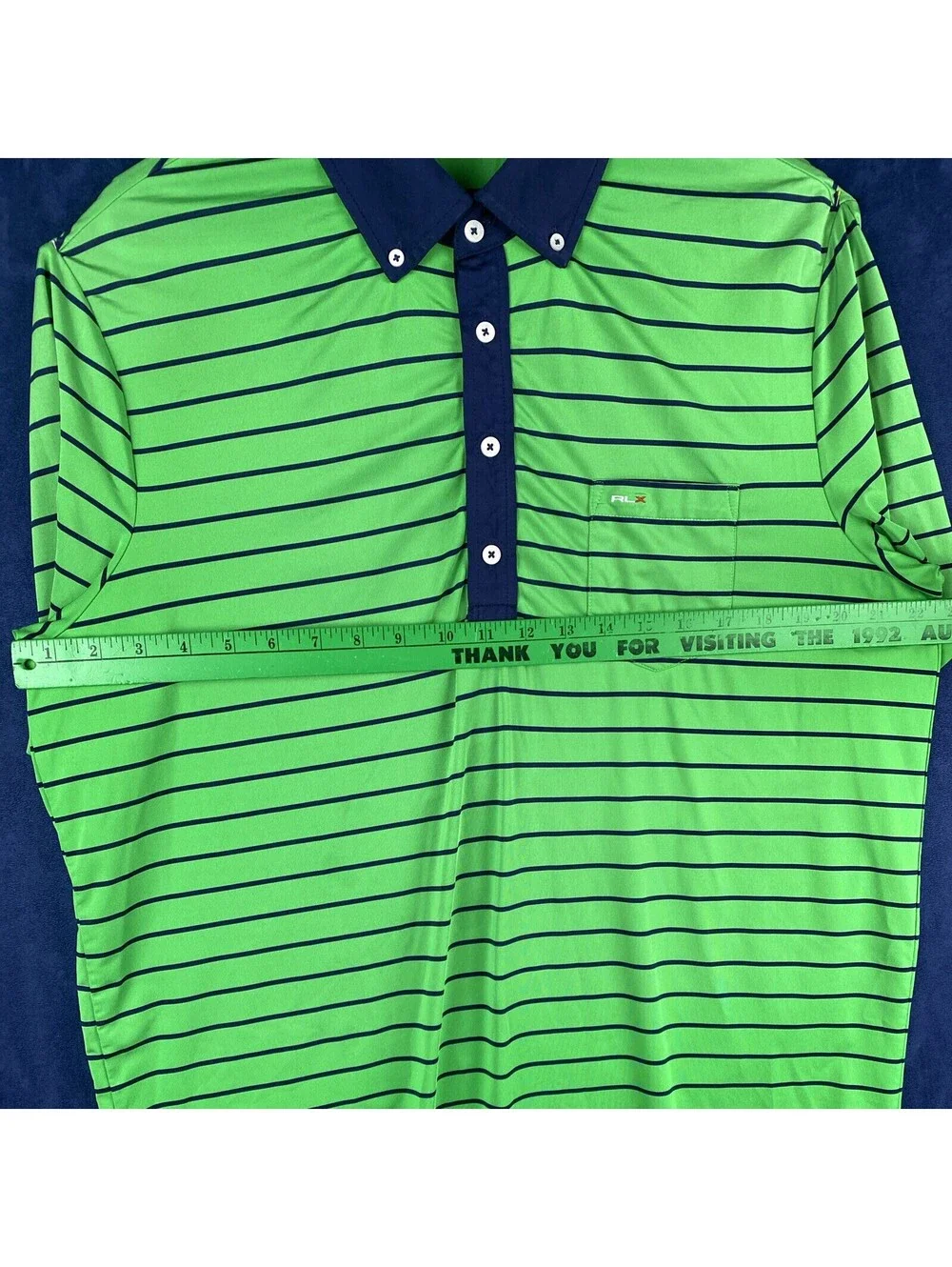RLX Ralph Lauren Mens Sz Large Green Navy Striped Stretch Golf Polo Shirt